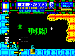 Scumball (ZX Spectrum) screenshot: The bad things score 100 points each and there's lots of places like this where LINDA can just stand and shoot them
