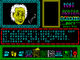 Post Mortem (ZX Spectrum) screenshot: "Einstein begins to tell his discoveries. Hold on for a while and do not despair." The game actually pauses for a while here