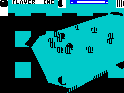 Sharkey's 3D Pool (ZX Spectrum) screenshot: First rotate the table to get a view of what shots are viable