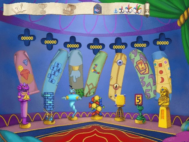 Disney's Math Quest with Aladdin (Windows) screenshot: The "rec room" offers four difficulty levels as opposed to three for the puzzles in game