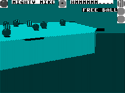 Sharkey's 3D Pool (ZX Spectrum) screenshot: A couple of balls later and Player One goes in-off. Mike's thinking again. Mike can take a long time to think - especially when there is no direct shot available