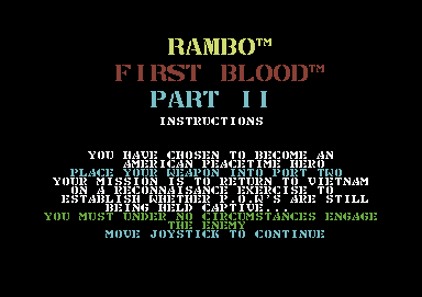 Rambo: First Blood Part II (Commodore 64) screenshot: Plot and setting