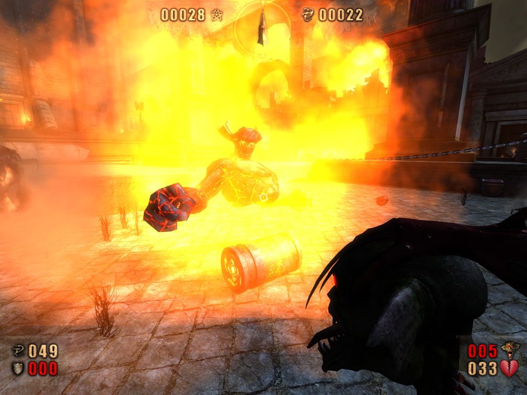 Painkiller: Overdose (Windows) screenshot: Fire seems to be a big theme down there in hell.