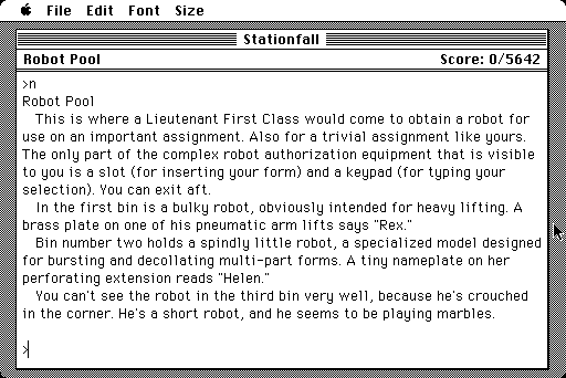 Stationfall (Macintosh) screenshot: Robot Pool