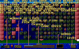 Bluppo (DOS) screenshot: ... the game options, the good guys, the bad guys, the single player game screen ....