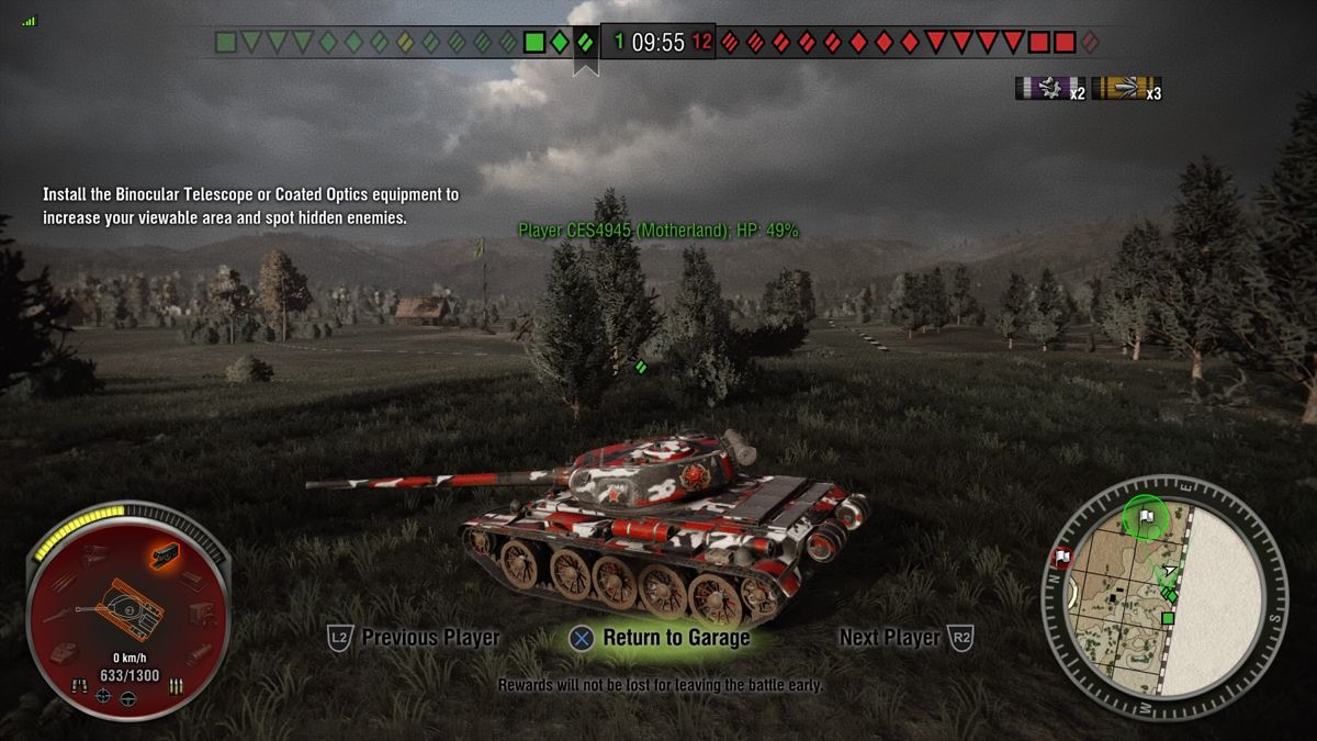 World of Tanks: The Motherland (PlayStation 4) screenshot: External view of the tank, lock-on camera following one of the allies after my tank has been destroyed