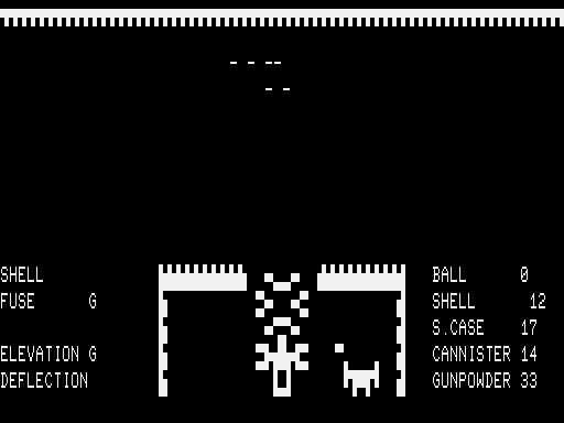 Guns of Fort Defiance (TRS-80) screenshot: Second round - different battle line and different ammo - rounds are falling short