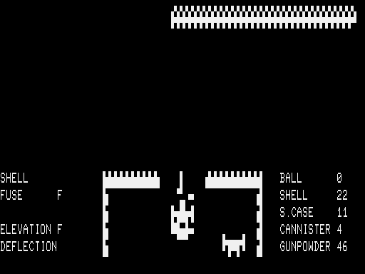 Guns of Fort Defiance (TRS-80) screenshot: Shell with F fuse and F elevation ready gun