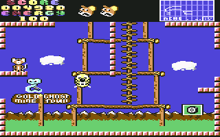 Summer Camp (Commodore 64) screenshot: One item makes this tiger face(?) appear, which kills everything on screen.