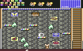 Summer Camp (Commodore 64) screenshot: The moving swirl generates new enemies and can't be killed by your shots.