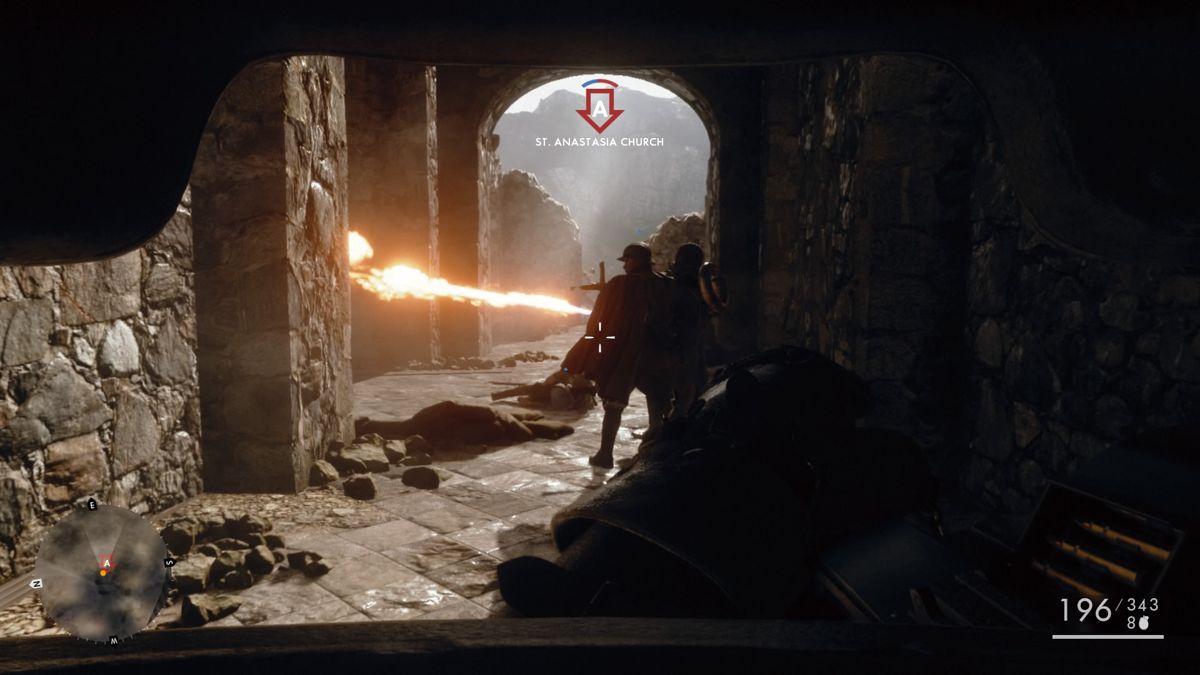 Battlefield 1 (PlayStation 4) screenshot: Flamethrower infantry are very resilient to bullets, but the gas canister is their weak point