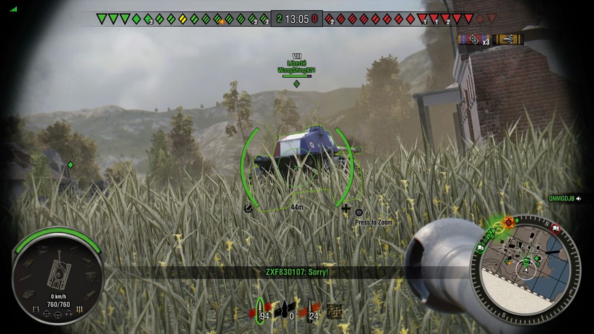 World of Tanks: Liberté (PlayStation 4) screenshot: View of Liberte tank from behind through the tall grass