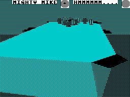 Sharkey's 3D Pool (ZX Spectrum) screenshot: Once Player One breaks, the 'D' disappears. Here nothing was potted on the first shot and the opposing player 'Mighty Mike' is thinking about his shot