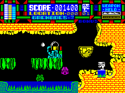 Scumball (ZX Spectrum) screenshot: Standing on this for too long costs a life. LINDA falls through on to the spikes. Those are spikes in the water too