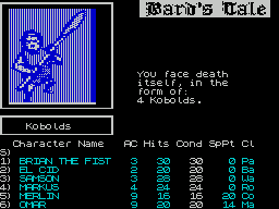 Tales of the Unknown: Volume I - The Bard's Tale (ZX Spectrum) screenshot: The party does not have to move to find trouble, it finds them. Got by the Kobolds, to attack or to run?