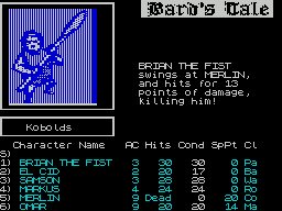 Tales of the Unknown: Volume I - The Bard's Tale (ZX Spectrum) screenshot: Not sure how this happened but Brian has killed Merlin! Back to the manual for some serious studying