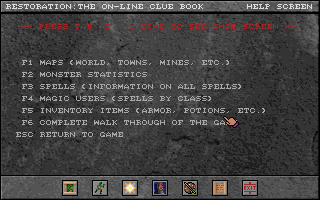 Yendorian Tales: The Tyrants of Thaine (DOS) screenshot: Restoration: The On-Line documentation and help file