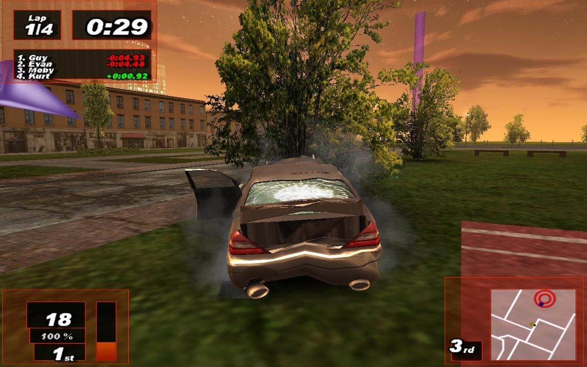 Amsterdam Street Racer (Windows) screenshot: Street lamps and random traffic can be smashed through but trees cannot