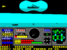 PHM Pegasus (ZX Spectrum) screenshot: Ships are firing now. The target ship comes up in the binocular view. The arrow at the side indicates which way to turn to fire at the target