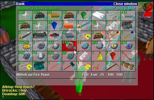 RuneScape (Windows) screenshot: All my stuff stored in bank (this is a screenshot of just the gaming window without all the surrounding website stuff)