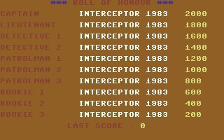 Siren City (Commodore 64) screenshot: The high score table.