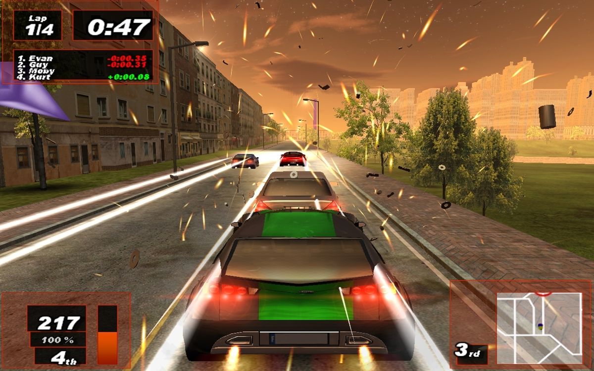 Amsterdam Street Racer (Windows) screenshot: The start of a race and already an AI car is trying to crawl up by exhaust pipe. Lots of noise and car fragments. In the distance a purple light column shows the end point