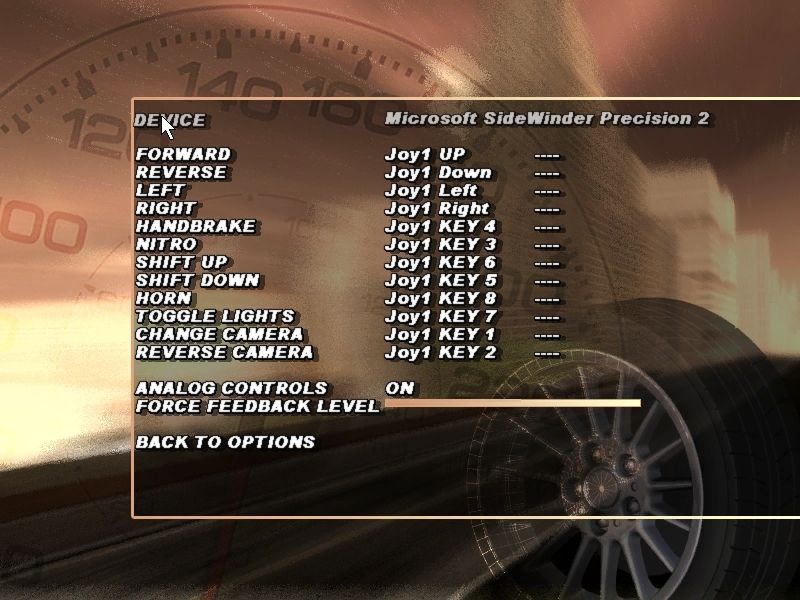 Amsterdam Street Racer (Windows) screenshot: There are game configuration options for Video (display settings), Audio, and the controller. The game is keyboard controlled by default but a joystick option is available