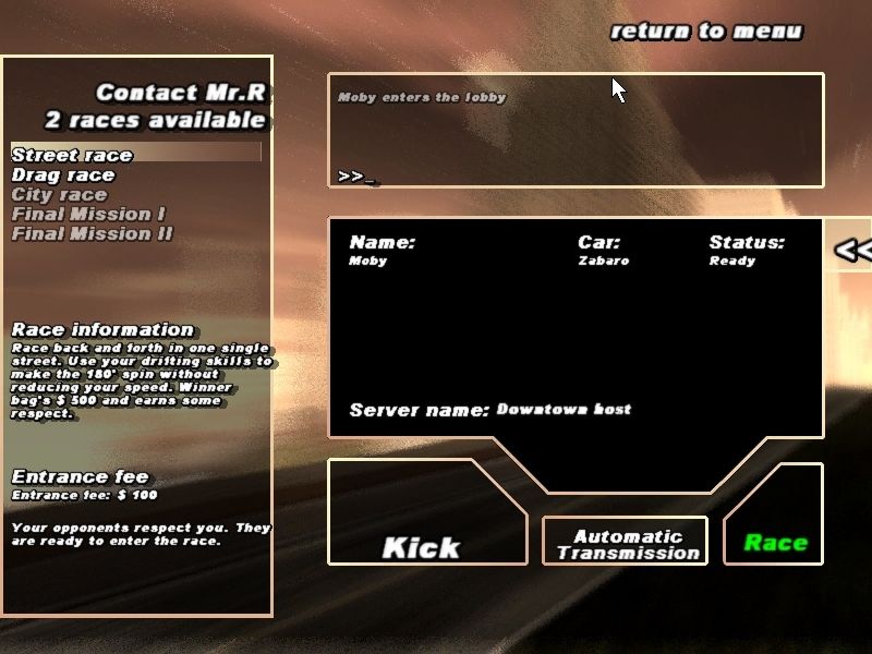 Amsterdam Street Racer (Windows) screenshot: The startup screen for one of the multiplayer options. This game has the same races as the main game