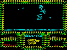 Meganova (ZX Spectrum) screenshot: The space ship separated and collided - game over again. Losing a life always restarts at the very beginning. Game over returns to the main menu