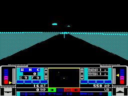 Snow Strike (ZX Spectrum) screenshot: The end of the runway just before lift-off and a few clouds appear