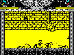 Coliseum (ZX Spectrum) screenshot: My turn to run an opponent into an obstacle. Shame they had the same weapon, a battle axe, so no advantage gained