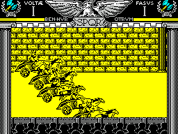 Coliseum (ZX Spectrum) screenshot: The start of the race. In this game the player presses RIGHT (not UP) to go forward