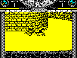 Coliseum (ZX Spectrum) screenshot: When fighting another charioteer its sometimes hard to know whether the character on screen is the players or the opponent ...