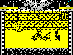 Coliseum (ZX Spectrum) screenshot: This guy has a sword. Its a more powerful weapon and I want it. He'll run me into the wall before I can get it though