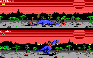 Caveman Ugh-Lympics (DOS) screenshot: Dino Race - My dino tripped on that rock!