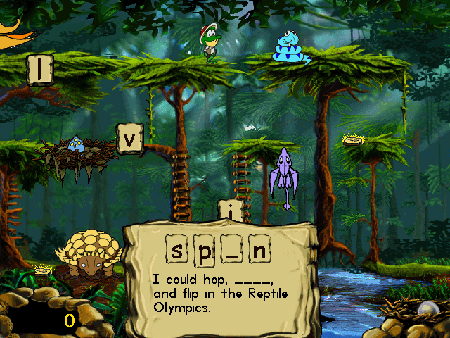 JumpStart Spelling (Windows) screenshot: As the letters fall from the sky, Pteri must catch them and put them where they belong.