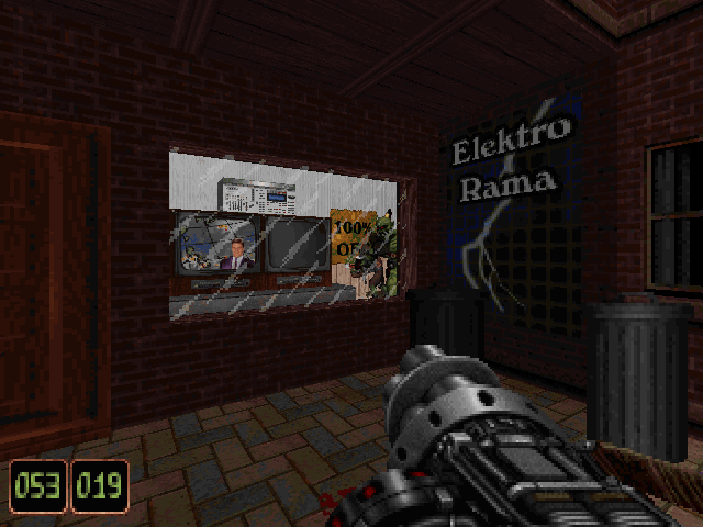 Twin Dragon (DOS) screenshot: A TV shop (Level 2).