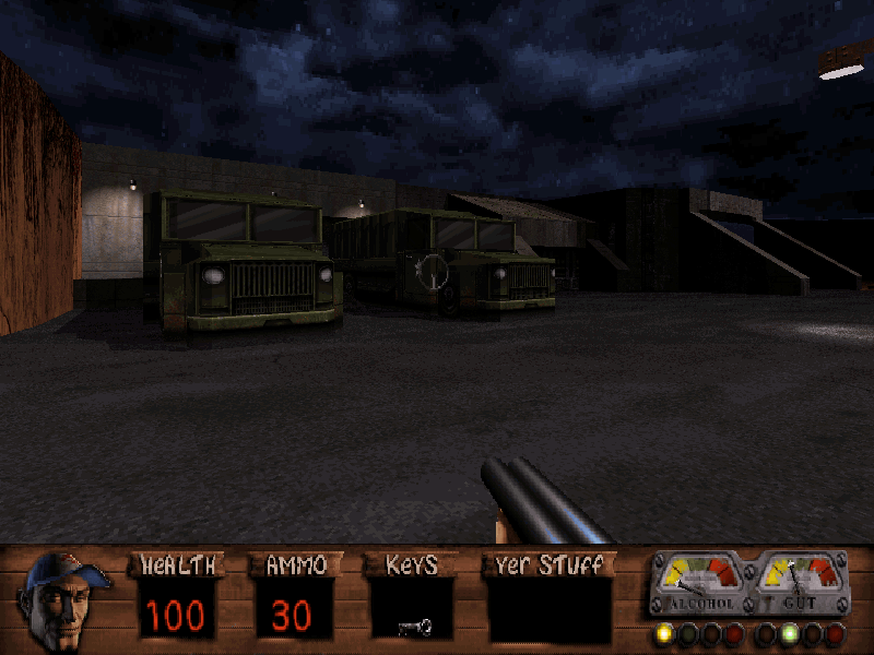 Redneck Rampage Rides Again (DOS) screenshot: Army trucks at area 51