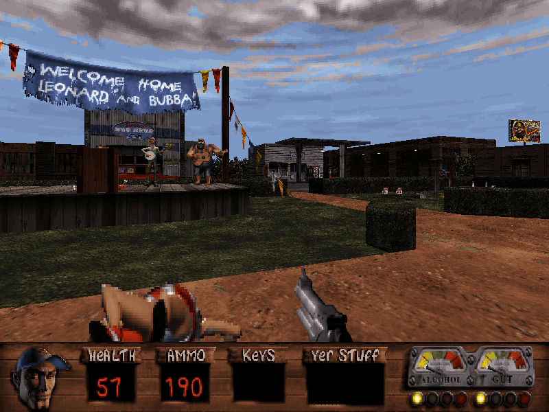 Redneck Rampage Rides Again (DOS) screenshot: Warm greeting, but why are there so many dead people around?