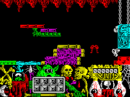 Underground (ZX Spectrum) screenshot: Now in some kind of cavern. The yellow stuff on the ground in front of the red steps is not actually ground. Its a hole that the character falls down
