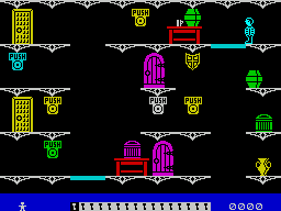 Moonlight Madness (ZX Spectrum) screenshot: The player has collected the first key - one of the icons along the bottom of the screen has turned black.
