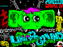 Underground (ZX Spectrum) screenshot: A Chevron that comprises many lines saying SYSTEM 4 & UNDERGROUND cleverly morphs int the game's load screen