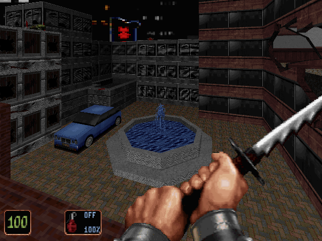 Twin Dragon (DOS) screenshot: Parts of the cityscape map seem to have been inspired by the pre-release version of <i>Duke Nukem 3D</i>.