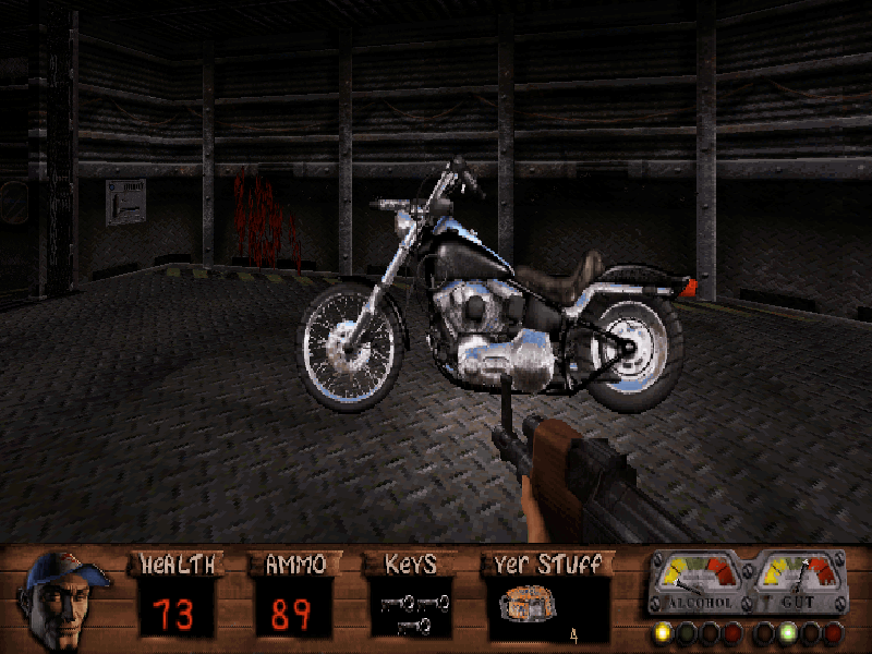 Redneck Rampage Rides Again (DOS) screenshot: Redneck biker? Why not?