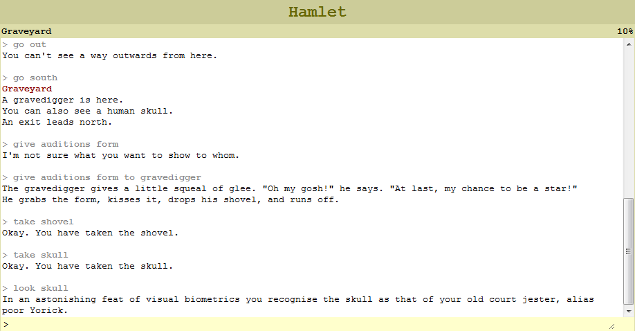 Hamlet: The Text Adventure (Browser) screenshot: Poor Yorick