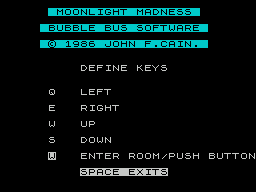 Moonlight Madness (ZX Spectrum) screenshot: Keys can be redefined. However I could not use SPACE as FIRE, presumably because its used to exit the screen. M is used for music, P for Pause S for Save and L for Load