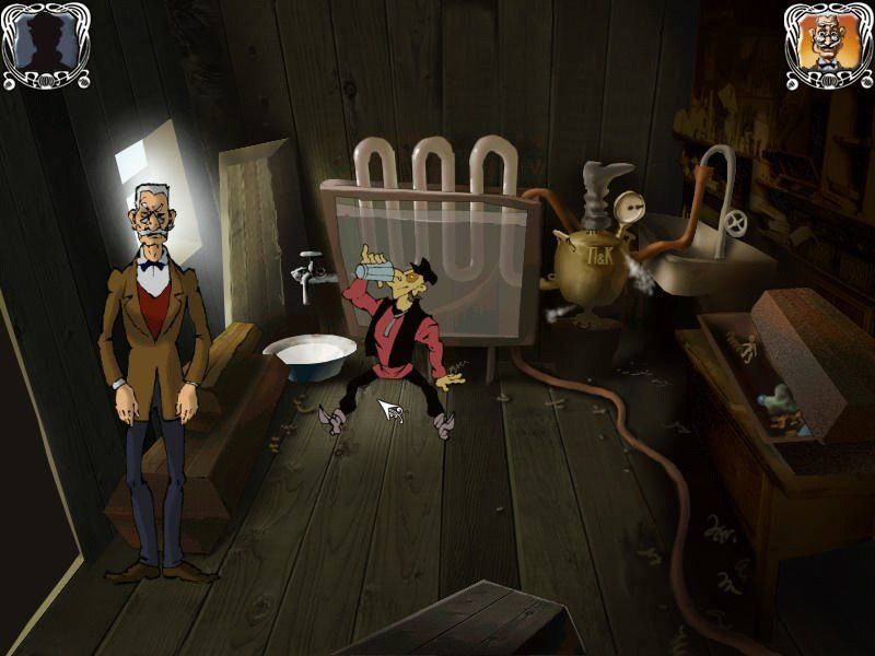 Dvenadtsat' Stuljev (Windows) screenshot: Helping the undertaker with his moonshine machine (Russian version)