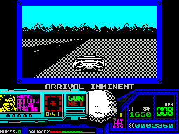 Techno Cop (ZX Spectrum) screenshot: Later the message changes and a picture of the bad guy is displayed. In the game this part feels odd because the car pulls off the road of its own accord