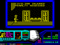 Techno Cop (ZX Spectrum) screenshot: Now shooting civilians is not acceptable, shame he wasn't in a car. Killing three civilians ended my first game
