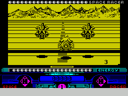Space Racer (ZX Spectrum) screenshot: The game starts with the player driving up to the start line. A 3 - 2 - 1 - countdown starts the race